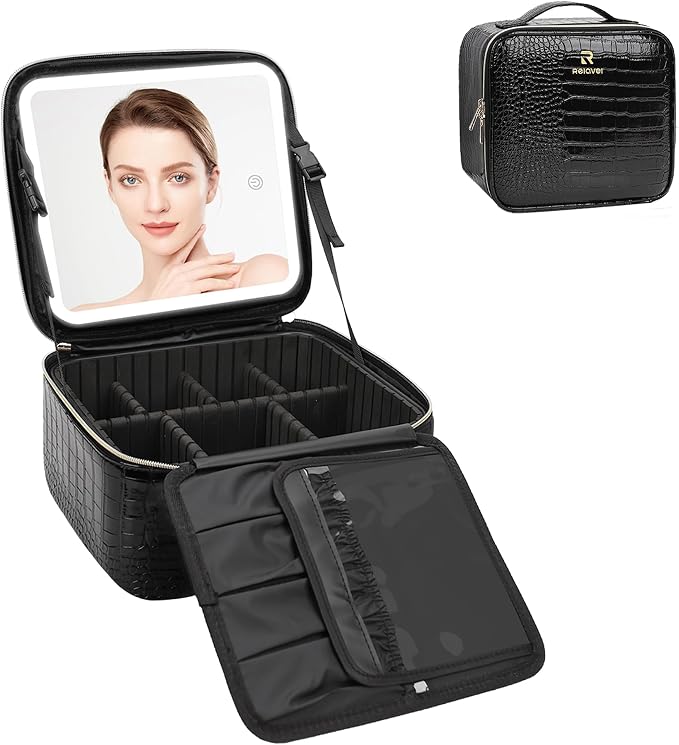 Relavel Makeup Train Case With LED Mirror, Professional Travel Cosmetic Bag - Image 7
