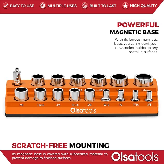 Olsa Tools Magnetic Socket Organizer | 1/2-inch Drive | SAE | Orange | Holds 16 - Image 4