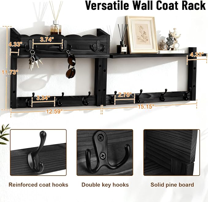28" Coat Rack Wall Mount with Shelf with 7 Hooks 3 Key Hanger | Entryway Key - Image 2