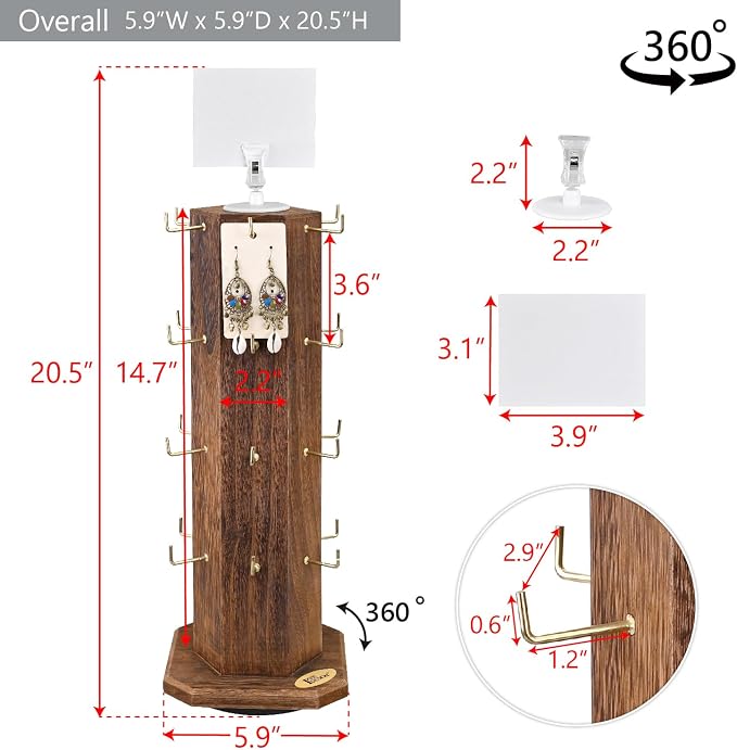 Ikee Design Free Assemble 24 Hooks Wood Hexagon 6 Sided Rotating Jewelry - Image 2