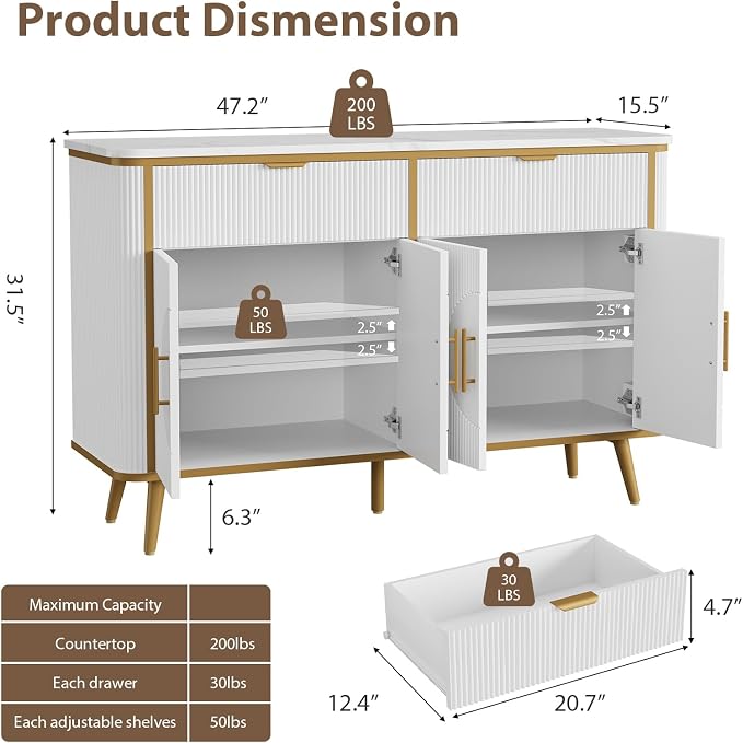 47.2" Buffet Storage Cabinet, Modern Fluted Coffee Bar Station - Image 2
