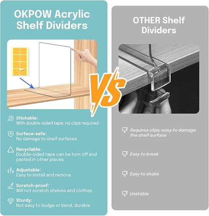 OKPOW Shelf Dividers for Closet Organization: 12 Pack Durable Clear Acrylic - Image 3