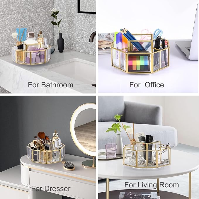 Hipiwe 360 Degree Rotating Glass Makeup Organizer- 5 Slots Gold Metal Cosmetic - Image 3
