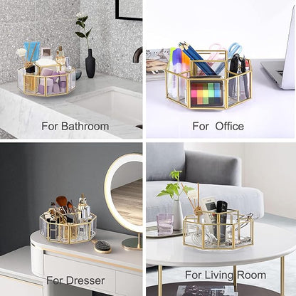 Hipiwe 360 Degree Rotating Glass Makeup Organizer- 5 Slots Gold Metal Cosmetic - Image 3