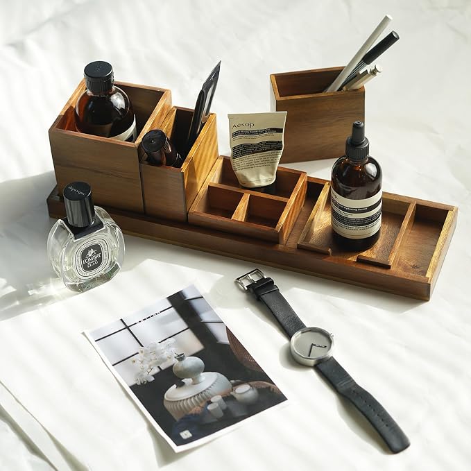 Wood Vanity Tray, 6-Piece Small Bathroom Counter Organizer Wooden Decorative - Image 4