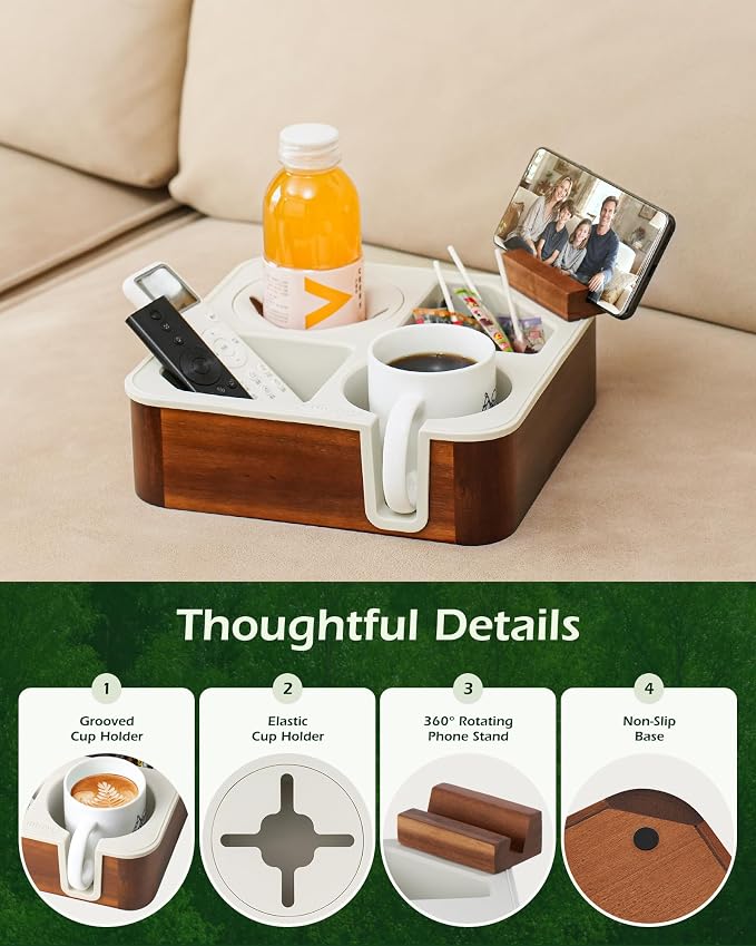 Couch Cup Holder Tray, Acacia Wood Couch Caddy - Image 2