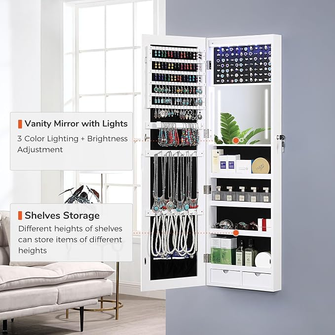 GISSAR Mirror Jewelry Cabinet, LED Wall Door Mount Full Length Jewelry Armoire - Image 3