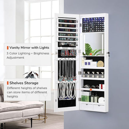 GISSAR Mirror Jewelry Cabinet, LED Wall Door Mount Full Length Jewelry Armoire - Image 3