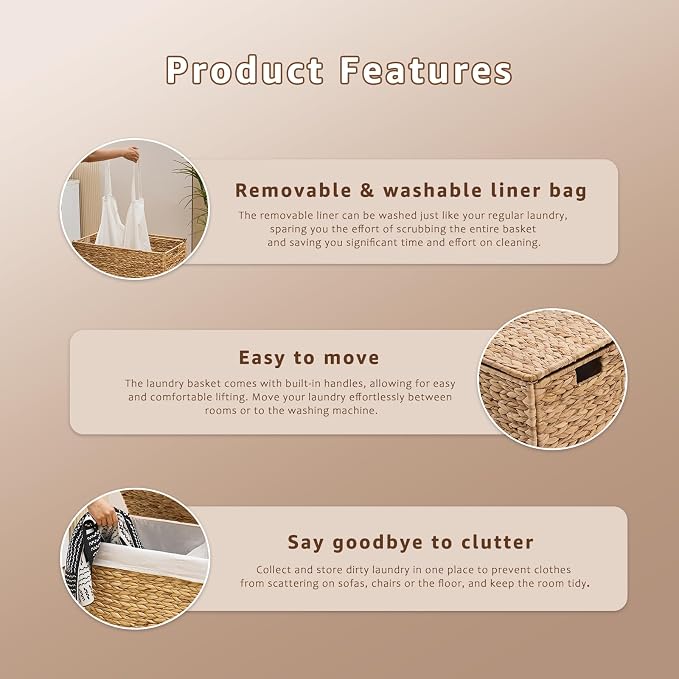 Laundry Hamper with Lid and Removable Liner Bag, Handwoven Natural Hyacinth - Image 3