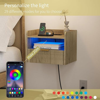 White Floating Nightstand with Charging Station and LED Lights - Image 4