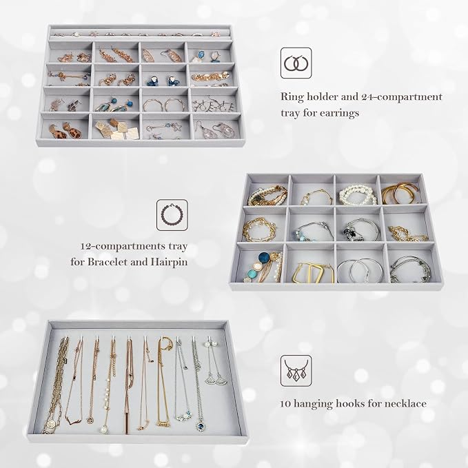 ProCase Stackable Large Jewelry Drawer Organizer, 3 Pack Velvet Jewelry - Image 3