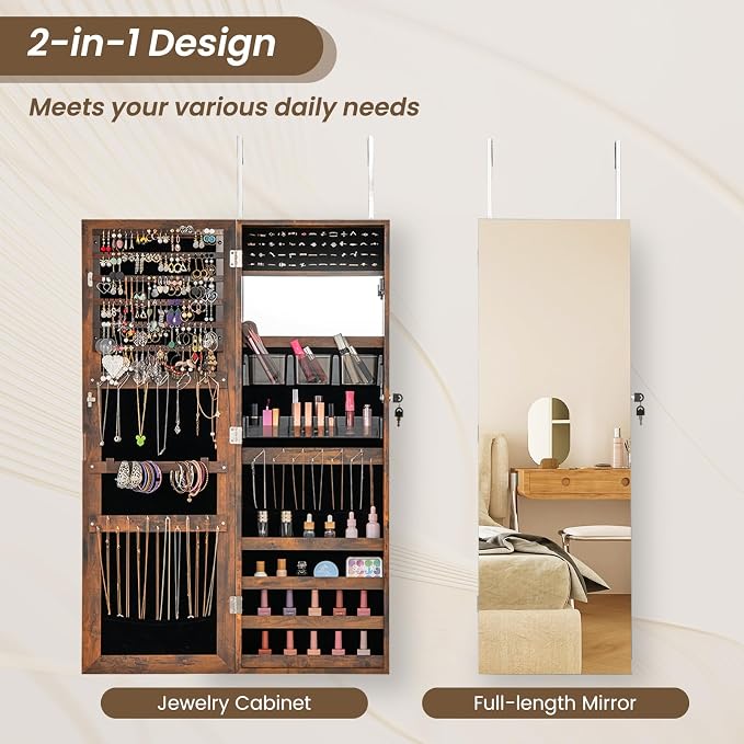 CHARMAID Jewelry Cabinet Wall or Door Mounted, Hanging Lockable Jewelry Armoire - Image 6
