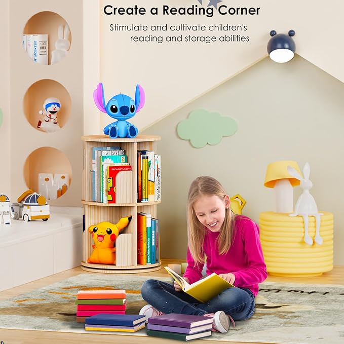 Kinembold Small Rotating Bookshelf, 2 Tier Revolving Bookcase 360 Display Round - Image 5