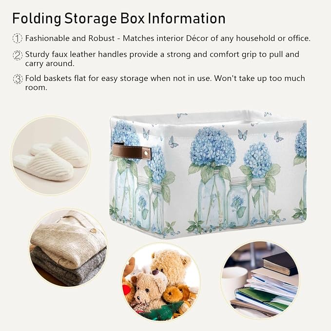 Blue Hydrangea and Butterflies Storage Bins Box Foldable Shelf Basket - Image 5
