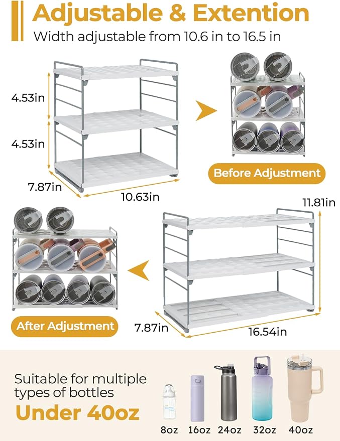 Cirhy 12" Tall 3-Tier Expandable Water Bottle Organizer – Fits 20-40 oz Stanley - Image 2