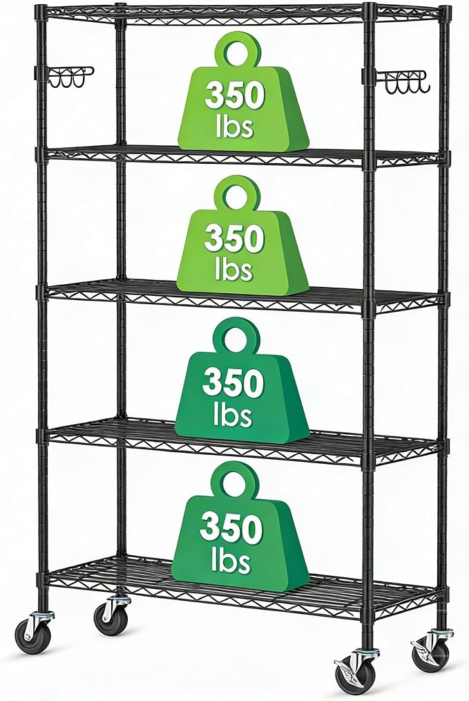 5 Tier Wire Metal Shelving Rack Garage Storage Rolling Shelves by CursorTech