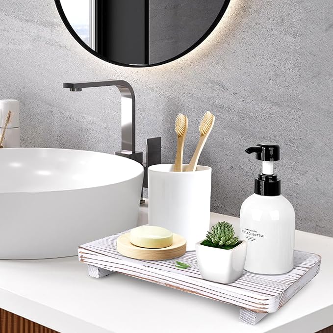 Bathroom Counter Tray Wood Pedestal Stand White Kitchen Countertop Trays - Image 2