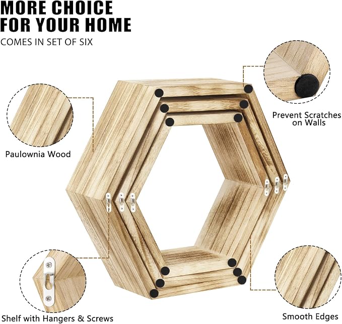 NOVIMANGO Hexagonal Floating Shelves Set of 6, Honeycomb Shelves | Hexagon - Image 6