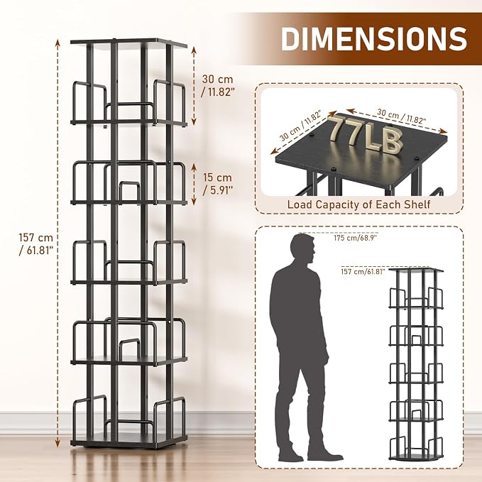 5-Tier Rotating Bookshelf, 360° Spinning Corner Bookcase - Image 3