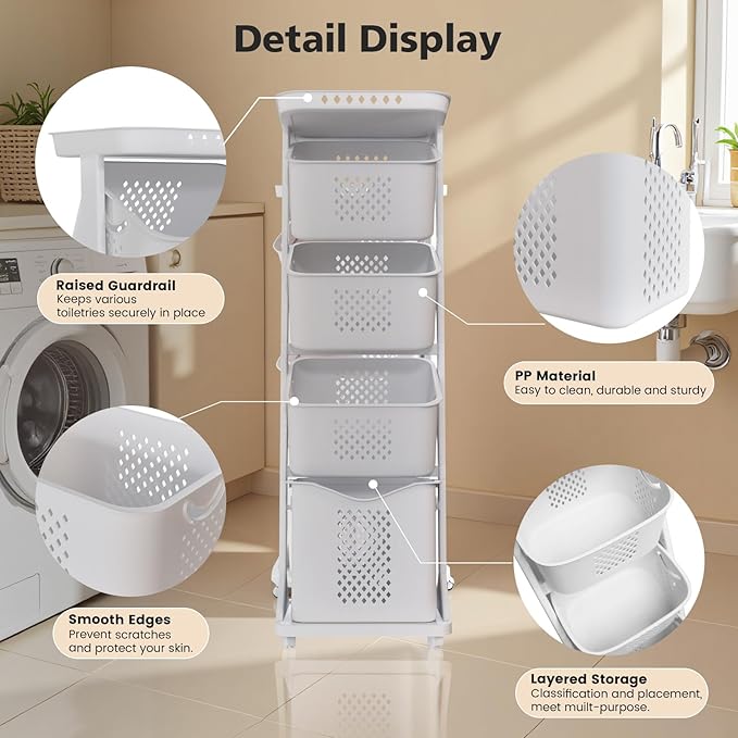 BAOKALER 4-Tier Laundry Hamper Sorter, Vertical Rolling Laundry Baskets - Image 3