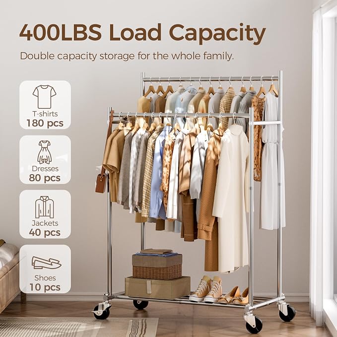 HYSEYY Clothes Rack, Double Rods Rolling Clothing Rack - Image 2