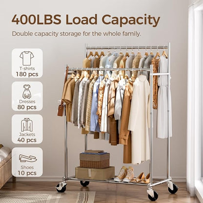 HYSEYY Clothes Rack, Double Rods Rolling Clothing Rack - Image 2