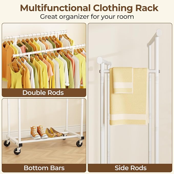 HYSEYY Double Rods Clothes Rack, Rolling Clothing Rack - Image 3