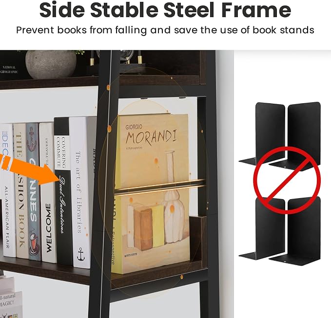 Himimi Industrial Ladder Shelf, Rustic 5 Tier Leaning Bookshelf, Wood Metal - Image 7