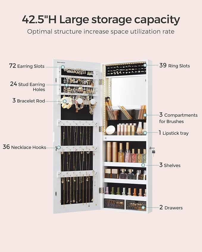SONGMICS Mirror Jewelry Cabinet Armoire Organizer, Wall or Door Mount Storage - Image 4