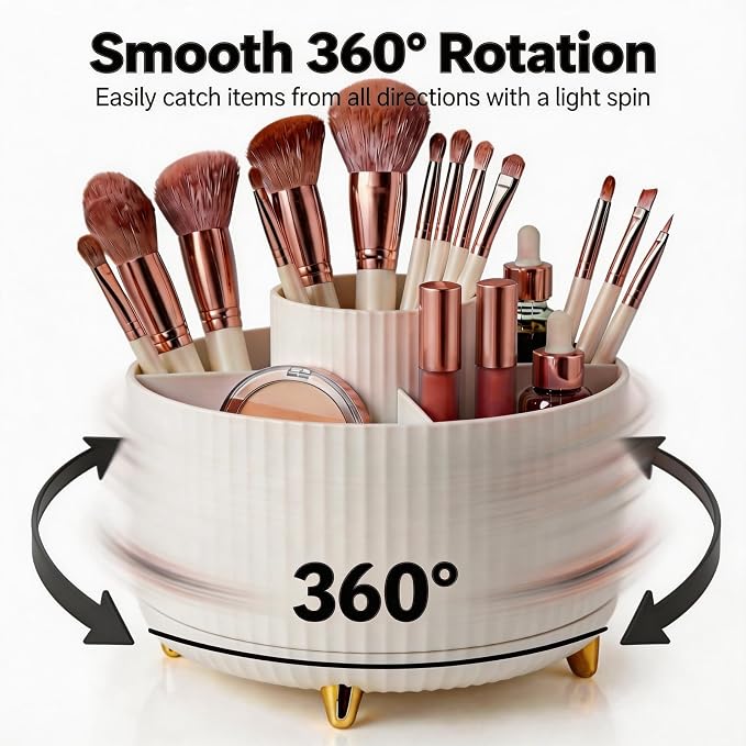 360 Rotating Makeup Brush Holder Organizer, 5-Slot White Spinning Cup - Image 3