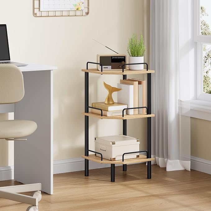 Tajsoon 3 Tier Corner Shelf Stand, Standing Corner Shelf Unit, Natural | Small - Image 9