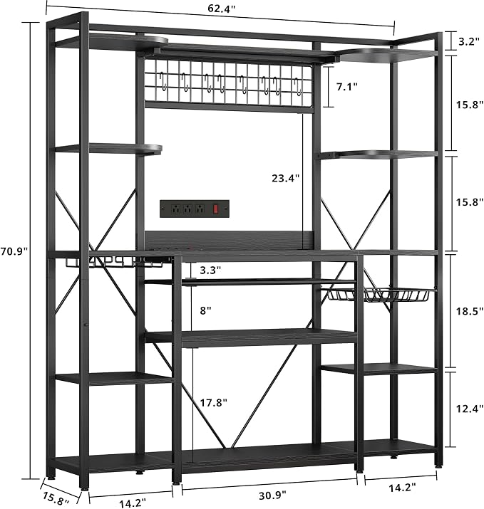 IRONCK Large Bakers Rack with Power Outlet, 62 Inch Wide Microwave Stand - Image 2