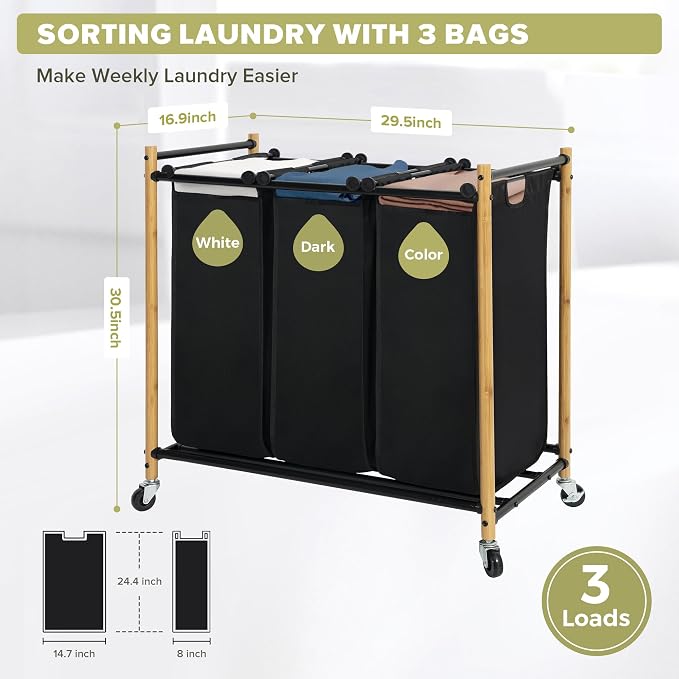 Laundry Sorter Hamper with Wheels, Heavy-Duty Laundry Basket Sorter Rolling - Image 2