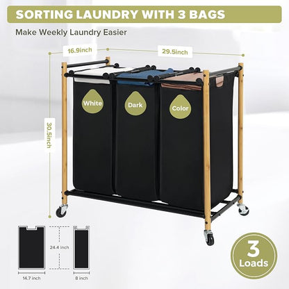 Laundry Sorter Hamper with Wheels, Heavy-Duty Laundry Basket Sorter Rolling - Image 2