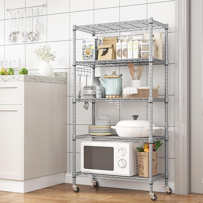 Homdox 5 Tier Adjustable Rolling Storage Shelves, Heavy Duty Wire Racks and - Image 2
