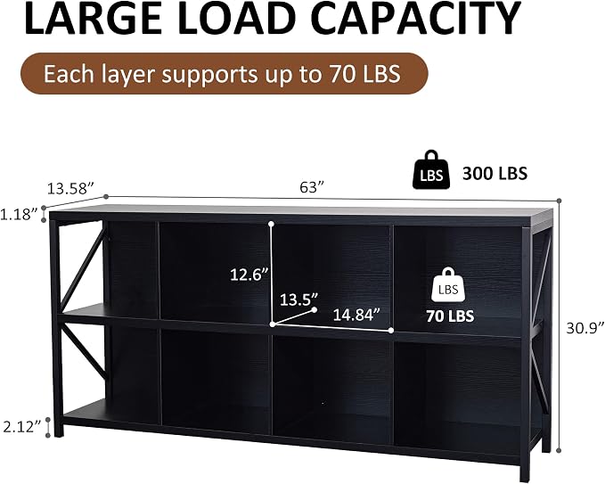 8 Cube Storage Organizer Bookshelf, Industrial Horizontal Bookcase, Accent - Image 2