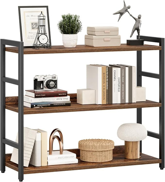 NUMENN Wide Bookshelf, 3 Tier Freestanding Shelving Unit, Vintage | Metal Frame by NUMENN