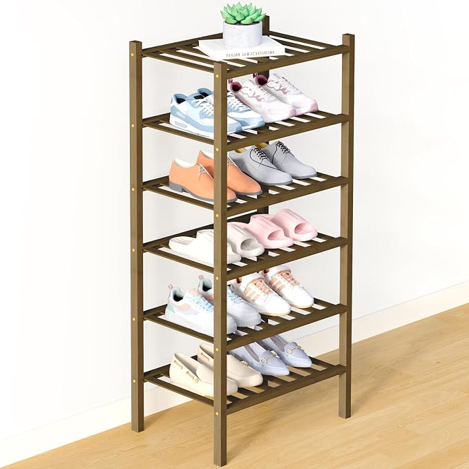 Smiry Bamboo Shoe Rack for Closet, 6 Tier Small Wooden Stackable Shoe Organizer by Smiry