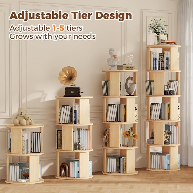 5 Tier Rotating Bookshelf Tower, 360° Display Round Bookcase, Floor Standing - Image 5