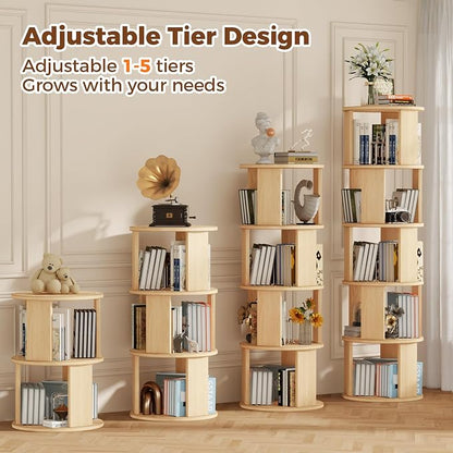 5 Tier Rotating Bookshelf Tower, 360° Display Round Bookcase, Floor Standing - Image 5