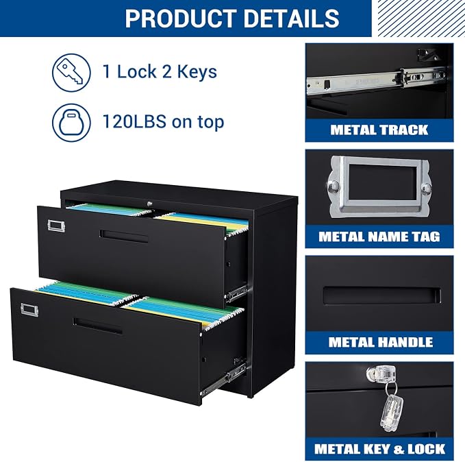 Lateral File Cabinet with Lock, 2 Drawer Large Metal Filing Cabinet, Home - Image 6