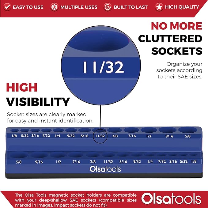 Olsa Tools Magnetic Socket Organizer | 1/4-inch drive | SAE BLUE | Holds 26 - Image 2