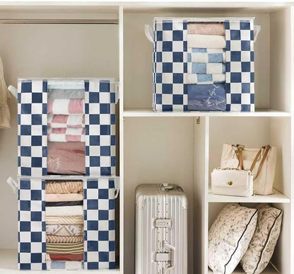 Navy Blue Checkered Clothes Storage Bins, 100L Large Blanket Storage Bags 3 Pack - Image 3