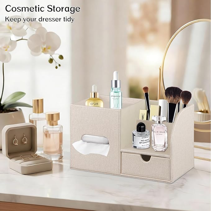 Square Tissue Box Cover with Drawer Storage and Tray on Top, PU Leather Tissues - Image 6