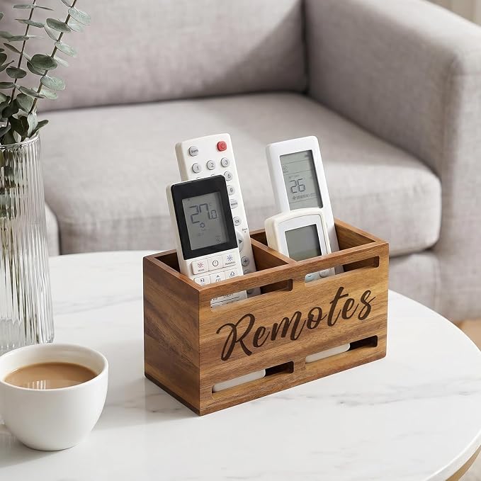 Hilislog Acacia Wood Remote Control Holder Wall Mount Wooden Caddy TV Remote - Image 2
