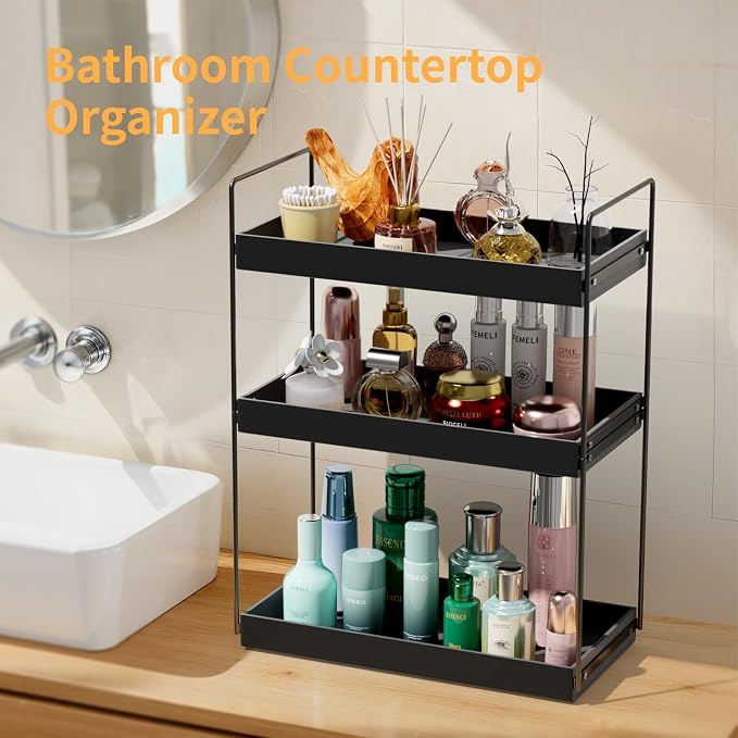 NPPLUS 3 Tier Bathroom Counter Organizer Matte Black Acrylic Tray | Metal - Image 4