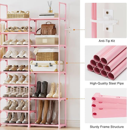 WOWLIVE 9 Tier 2-Column Shoe Rack, 30-35 Pairs Stackable Pink | Compact 33.75in - Image 7