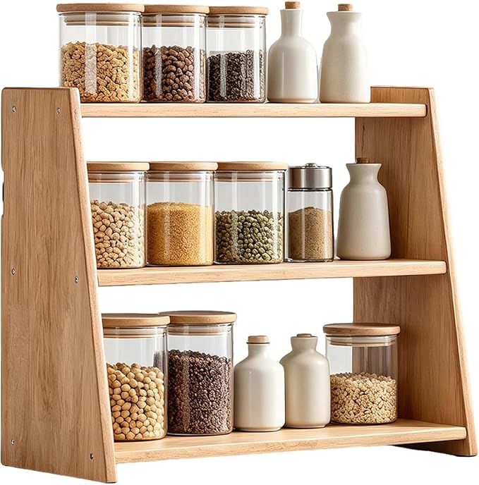 100% Solid Rubber Wood Spice Rack, 3 Tier Freestanding & Wall Mounted Kitchen by HuiDao