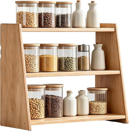 100% Solid Rubber Wood Spice Rack, 3 Tier Freestanding & Wall Mounted Kitchen by HuiDao