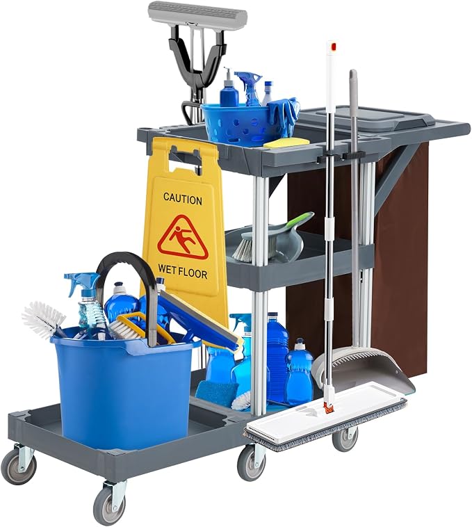 Commercial Janitorial Cart, 3-Shelf Housekeeping Cleaning Cart by WARMTOBABY
